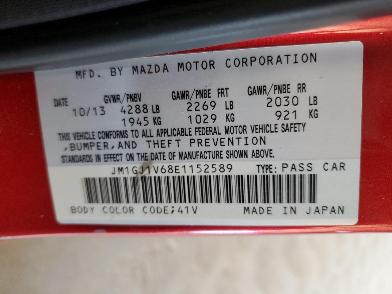 2014 Mazda 6 Touring VIN: JM1GJ1V68E1152589 Lot: 61829365