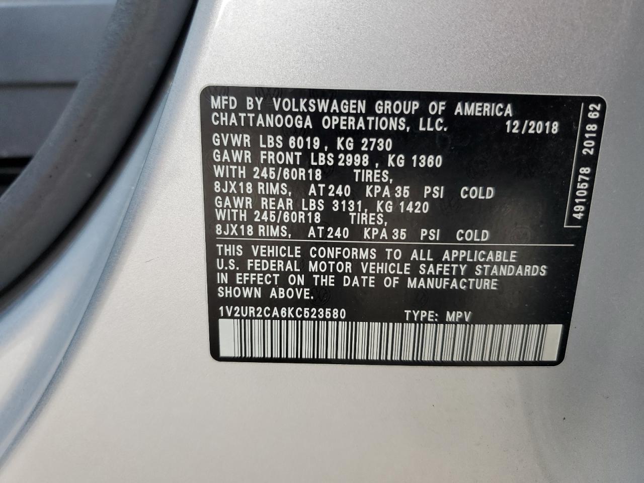 2019 Volkswagen Atlas Se VIN: 1V2UR2CA6KC523580 Lot: 62289645