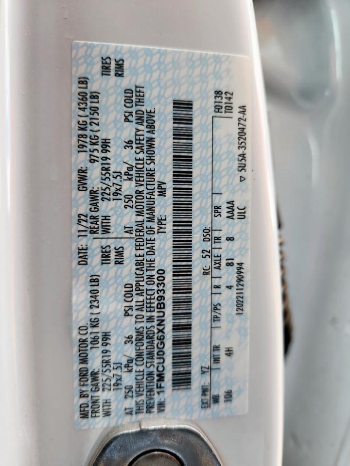 2022 Ford Escape Se VIN: 1FMCU0G6XNUB93300 Lot: 62322845