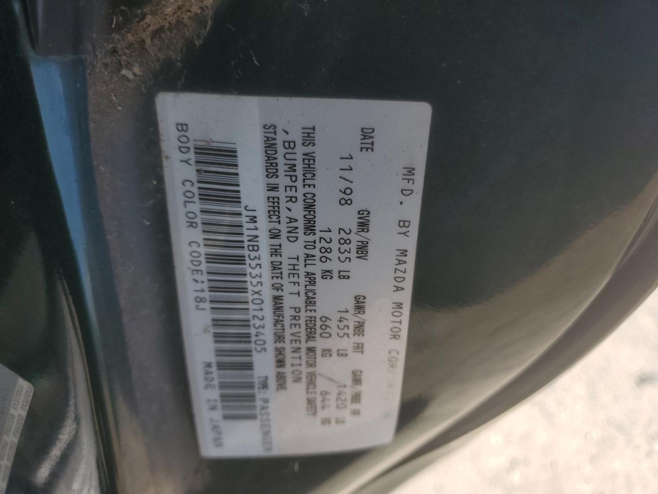 1999 Mazda Mx-5 Miata VIN: JM1NB3535X0123405 Lot: 62193485