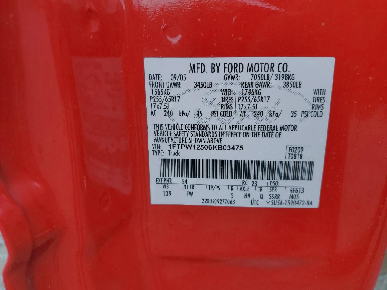 2006 Ford F150 Supercrew VIN: 1FTPW12506KB03475 Lot: 60720305