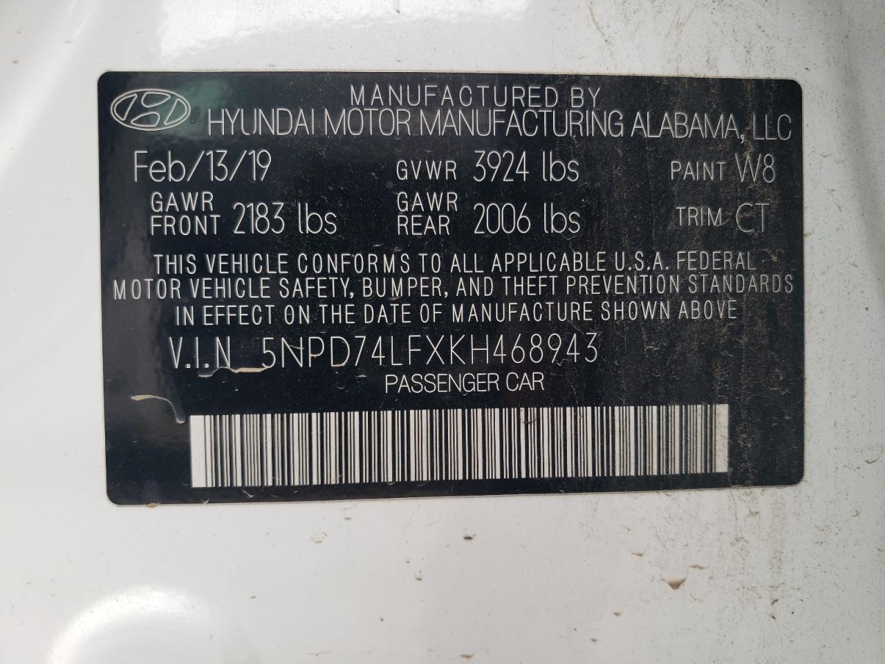 2019 Hyundai Elantra Se VIN: 5NPD74LFXKH468943 Lot: 61802125