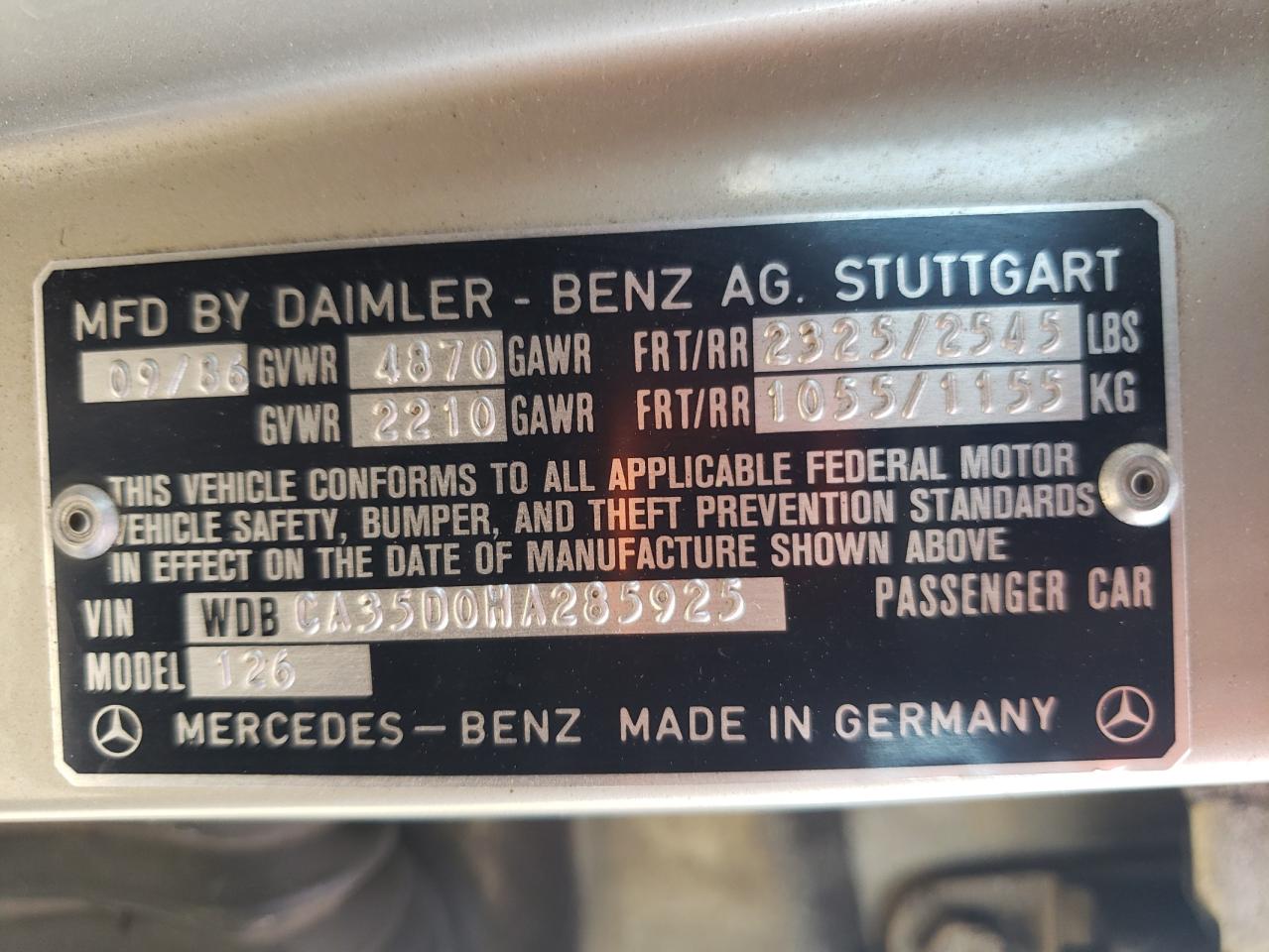 1987 Mercedes-Benz 420 Sel VIN: WDBCA35D0HA285925 Lot: 60842305