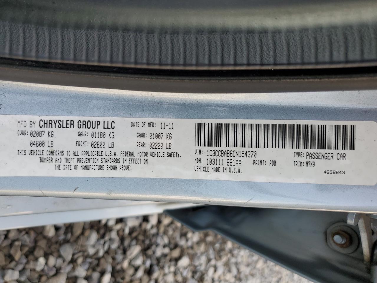 2012 Chrysler 200 Lx VIN: 1C3CCBAB6CN154370 Lot: 60131055
