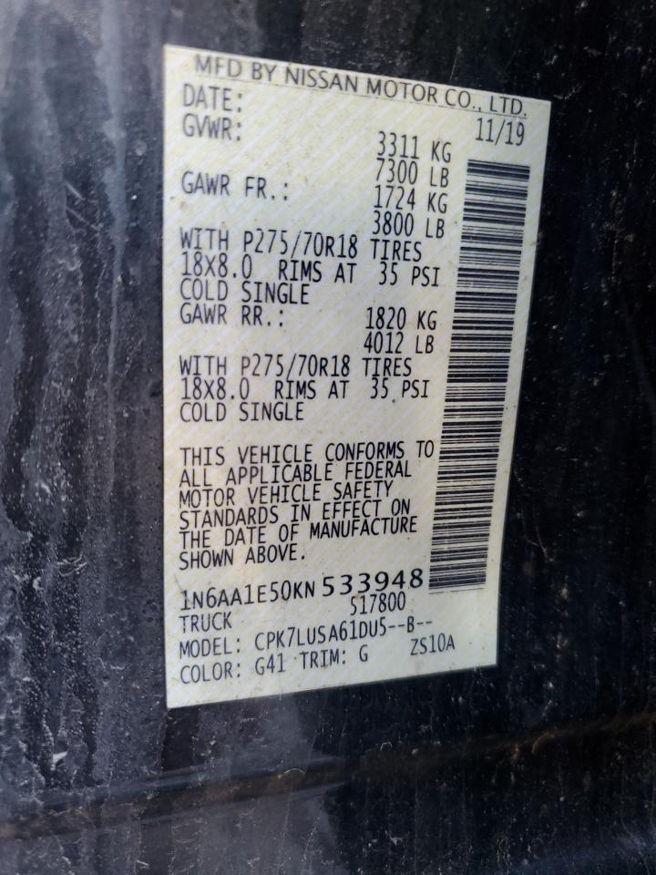 2019 Nissan Titan Sv VIN: 1N6AA1E50KN533948 Lot: 62206805