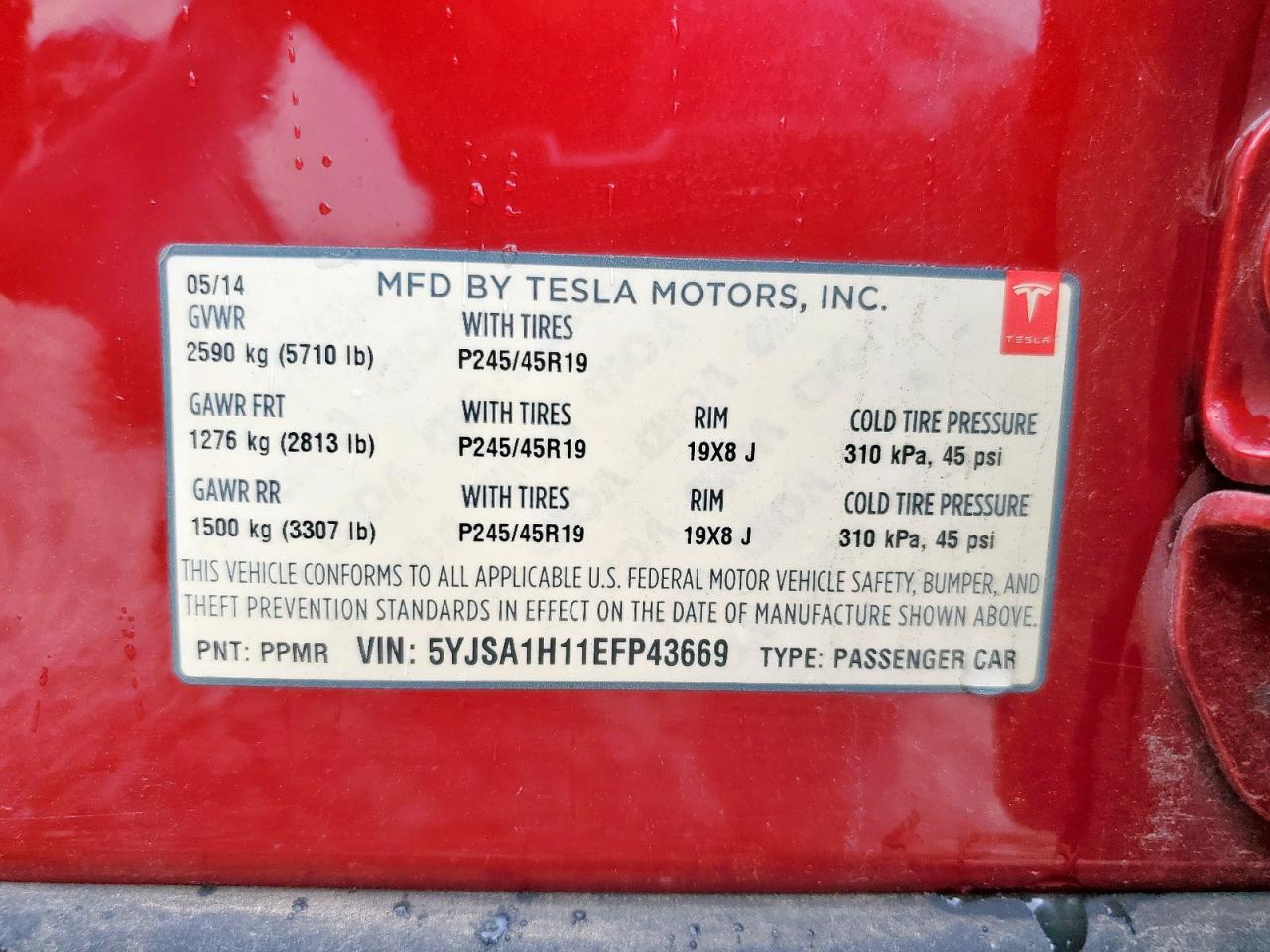 2014 Tesla Model S VIN: 5YJSA1H11EFP43669 Lot: 62368605