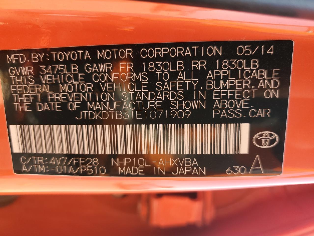 2014 Toyota Prius C VIN: JTDKDTB31E1071909 Lot: 61022085