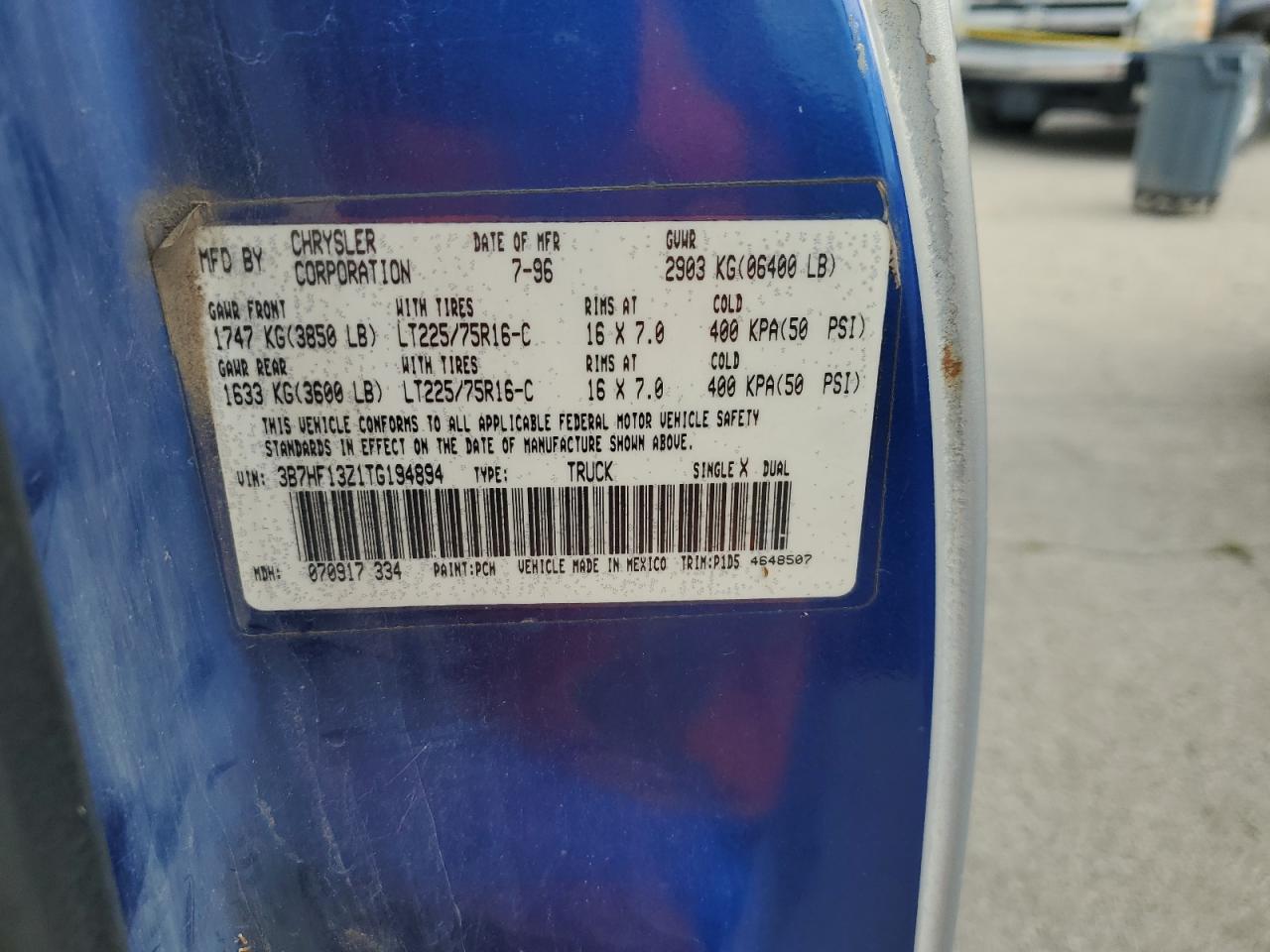 1996 Dodge Ram 1500 VIN: 3B7HF13Z1TG194894 Lot: 62724645