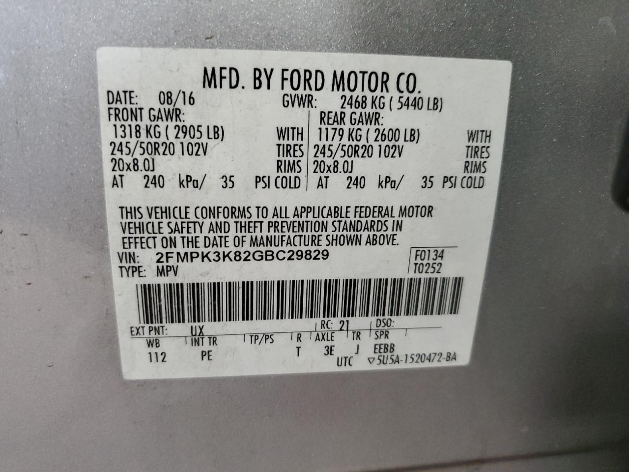 FORD EDGE 2016 VIN 2FMPK3K82GBC29829 фото 14