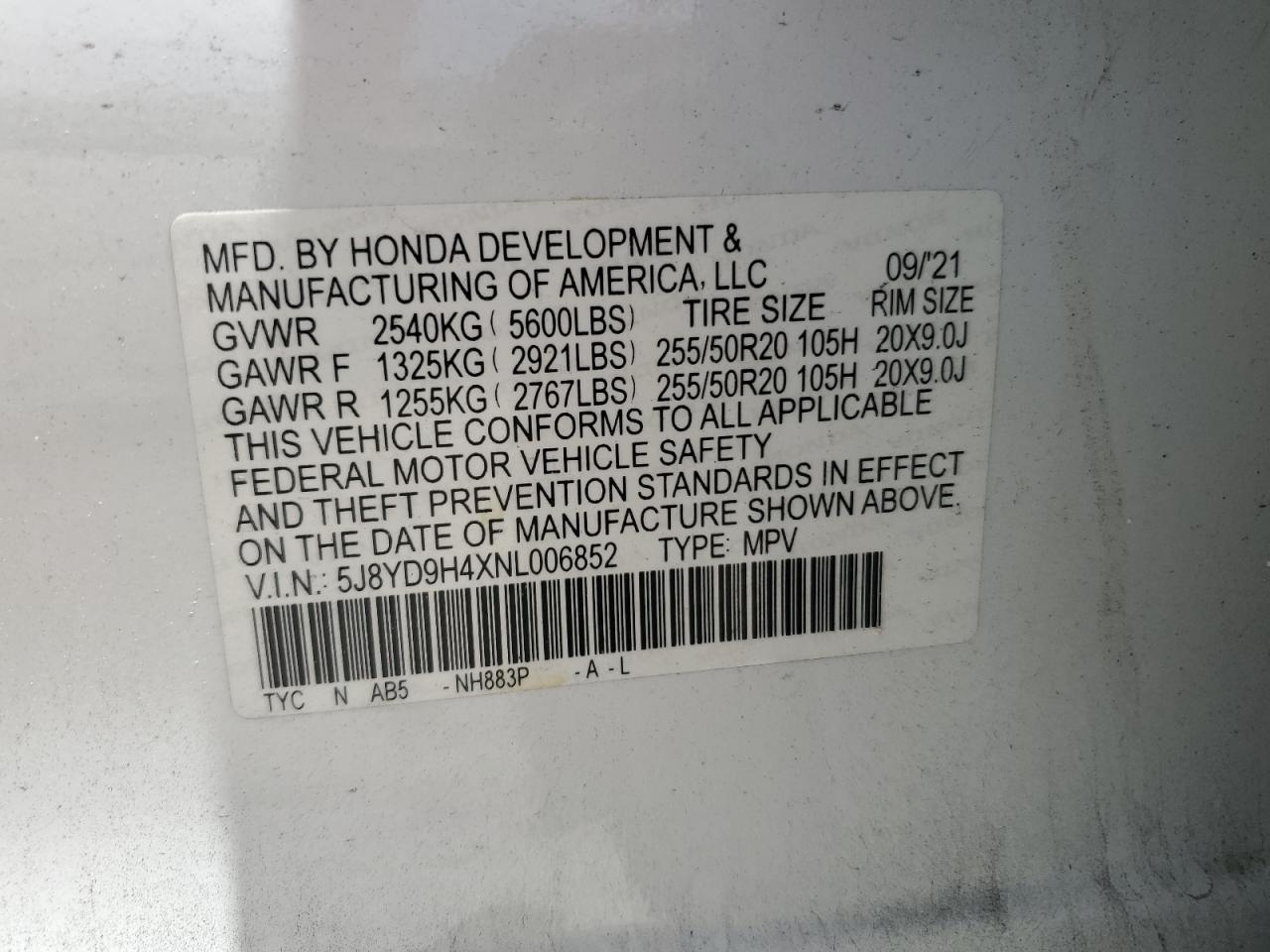 2022 Acura Mdx Technology VIN: 5J8YD9H4XNL006852 Lot: 59800755