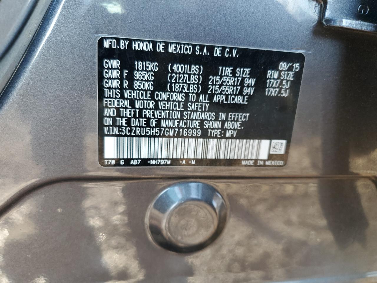 2016 Honda Hr-V Ex VIN: 3CZRU5H57GM716999 Lot: 62209135
