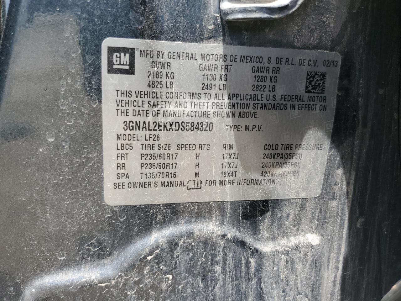 2013 Chevrolet Captiva Ls VIN: 3GNAL2EKXDS584320 Lot: 61982545