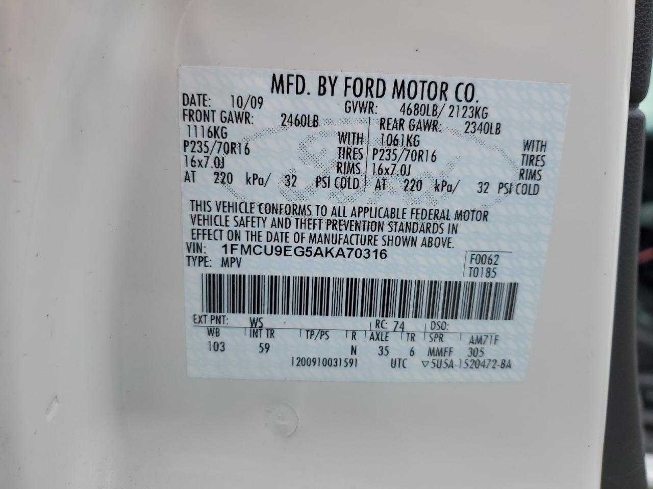 FORD ESCAPE 2010 VIN 1FMCU9EG5AKA70316 zdjęcie 14