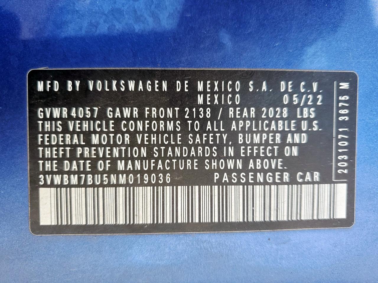 2022 Volkswagen Jetta Sport VIN: 3VWBM7BU5NM019036 Lot: 60348505