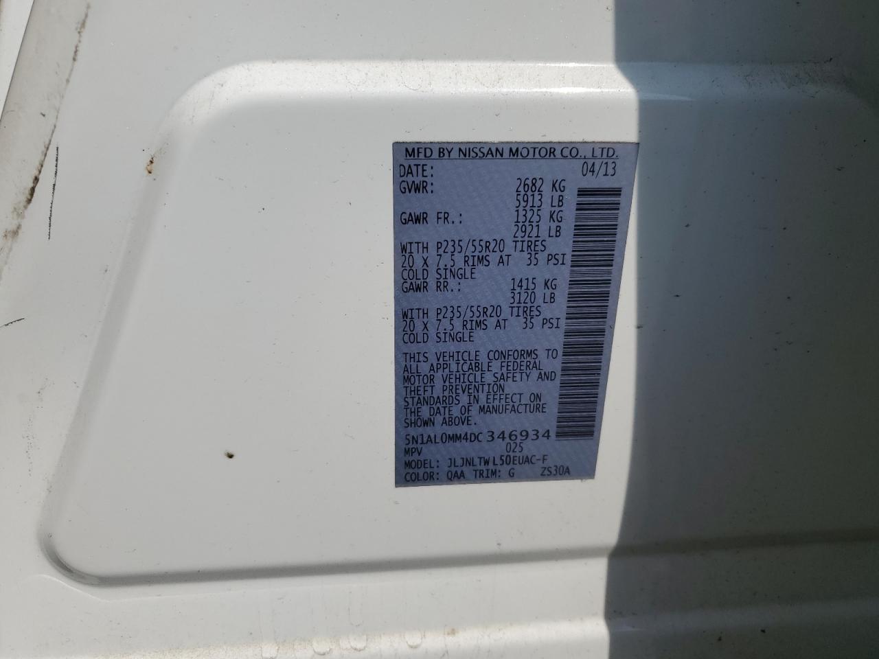 2013 Infiniti Jx35 VIN: 5N1AL0MM4DC346934 Lot: 59586955