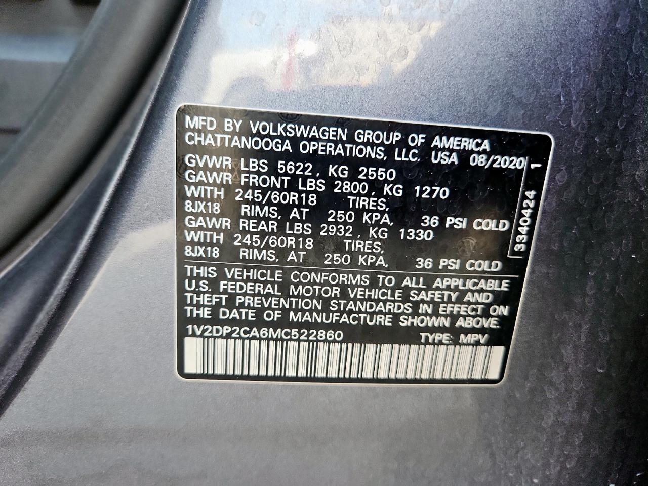 2021 Volkswagen Atlas Se VIN: 1V2DP2CA6MC522860 Lot: 62466545