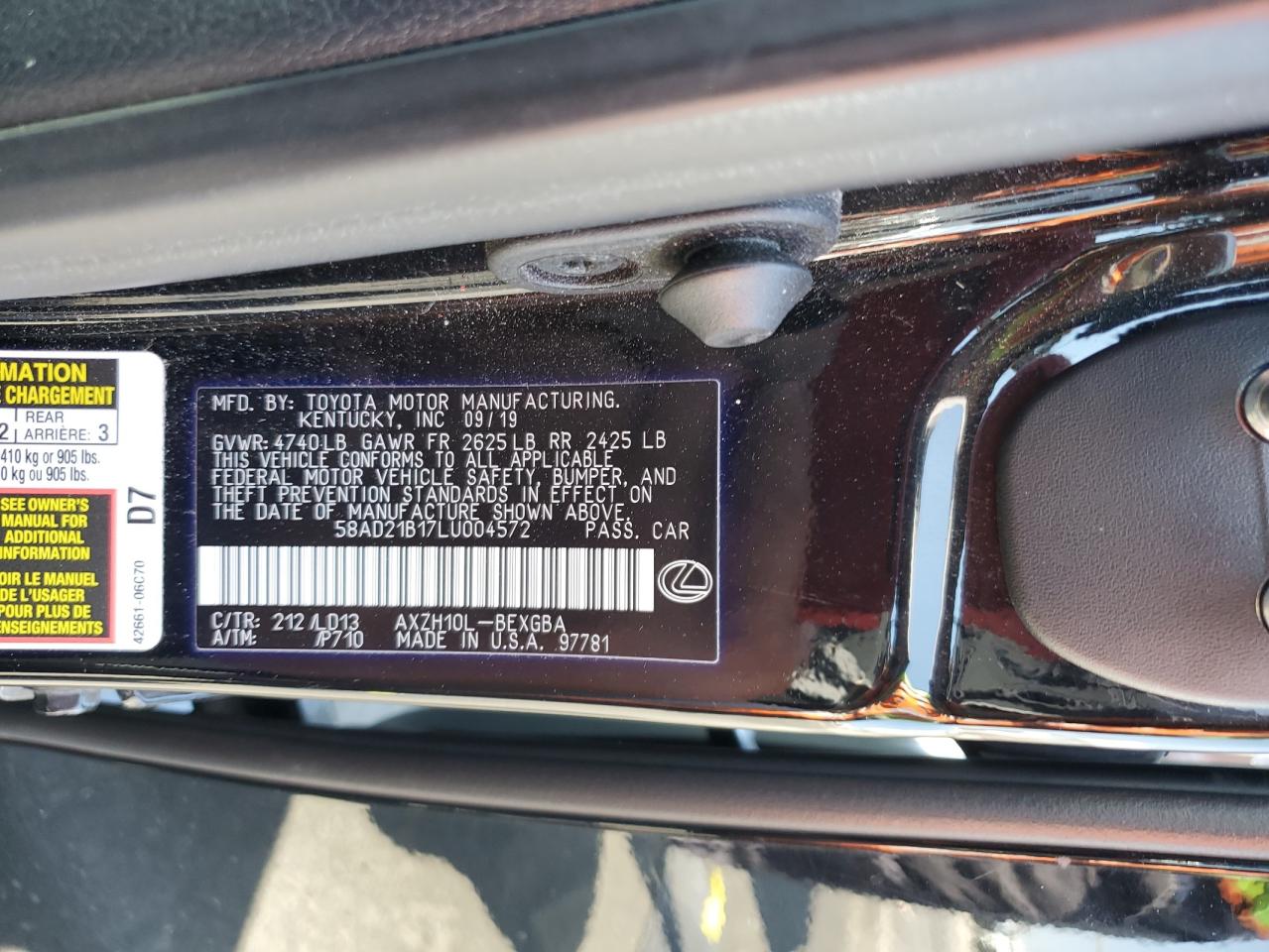 2020 Lexus Es 300H VIN: 58AD21B17LU004572 Lot: 61659175