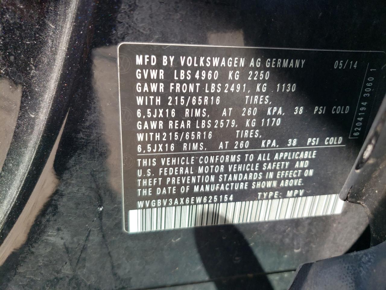 2014 Volkswagen Tiguan S VIN: WVGBV3AX6EW625154 Lot: 62318375
