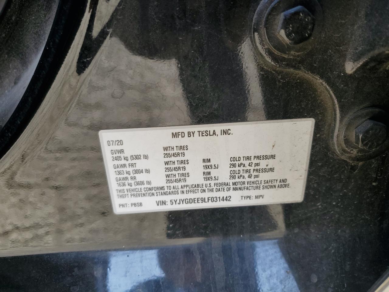 2020 Tesla Model Y VIN: 5YJYGDEE9LF031442 Lot: 93964705