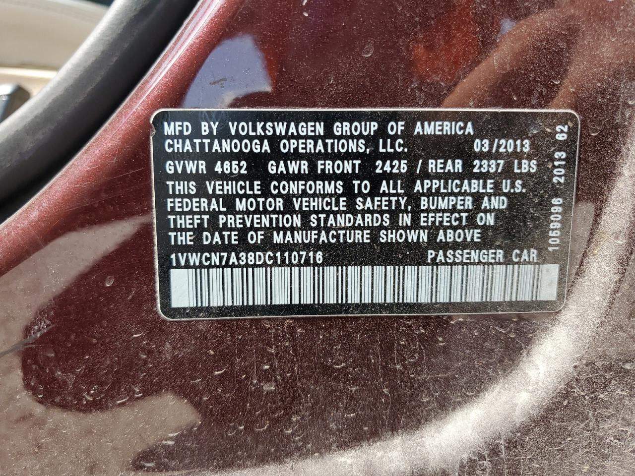 VOLKSWAGEN PASSAT 2013 VIN 1VWCN7A38DC110716 zdjęcie 12