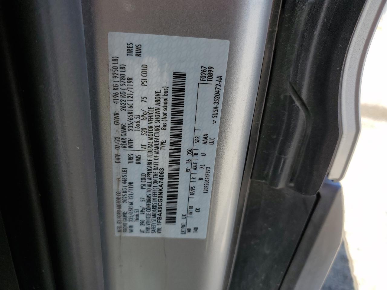 2022 Ford Transit T-350 VIN: 1FBAX9CG0NKA74063 Lot: 62737305