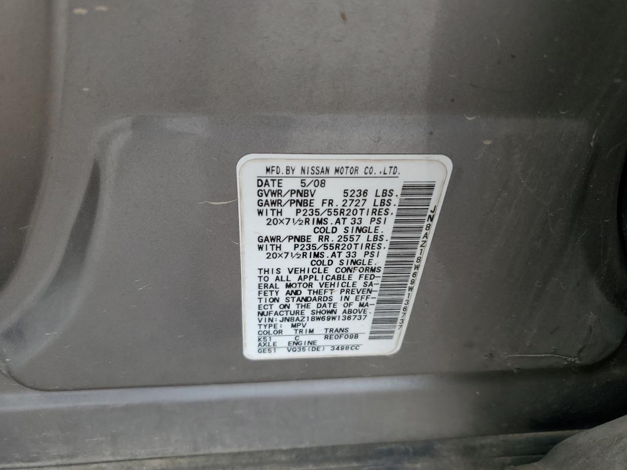 2009 Nissan Murano S VIN: JN8AZ18W69W136737 Lot: 62148755