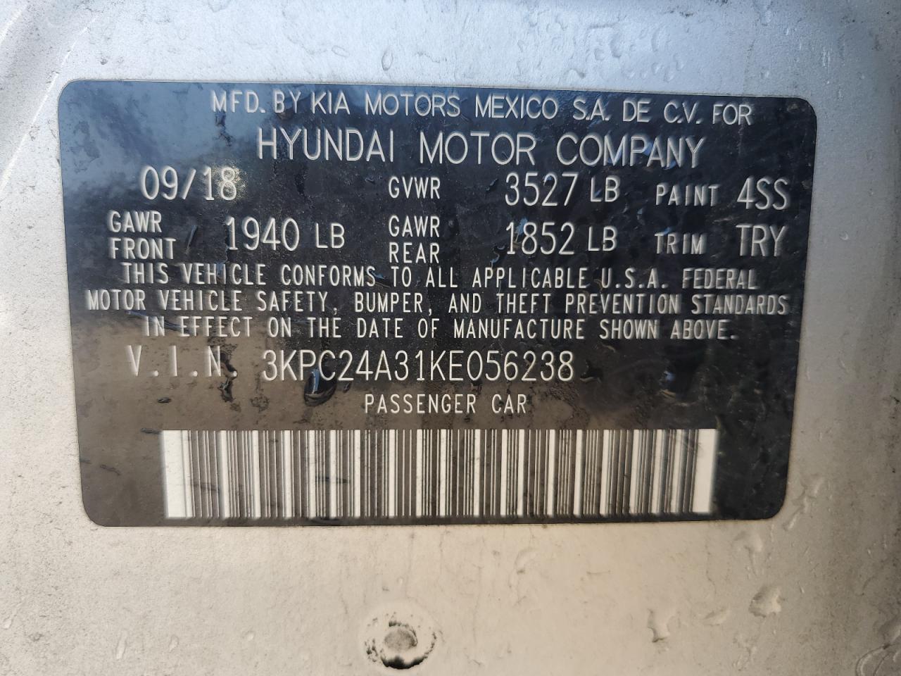 2019 Hyundai Accent Se VIN: 3KPC24A31KE056238 Lot: 62156885