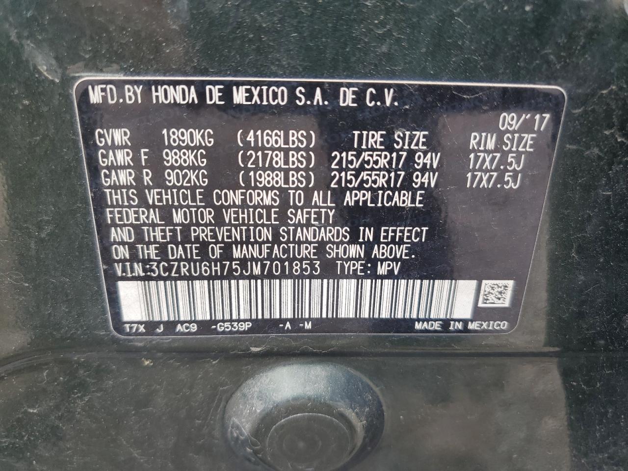 2018 Honda Hr-V Exl VIN: 3CZRU6H75JM701853 Lot: 62754085