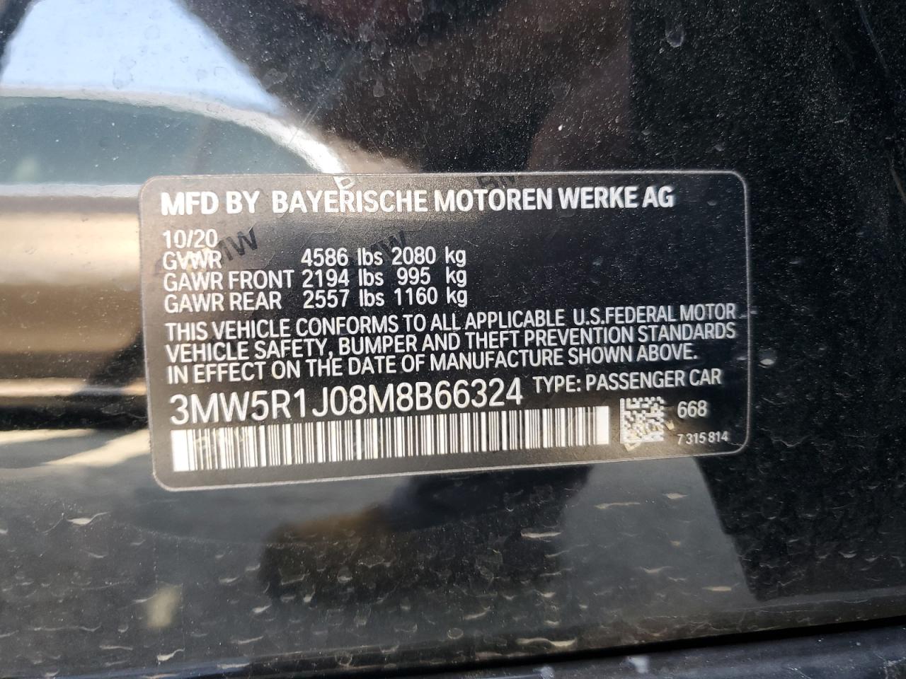 2021 BMW 330I VIN: 3MW5R1J08M8B66324 Lot: 59794785