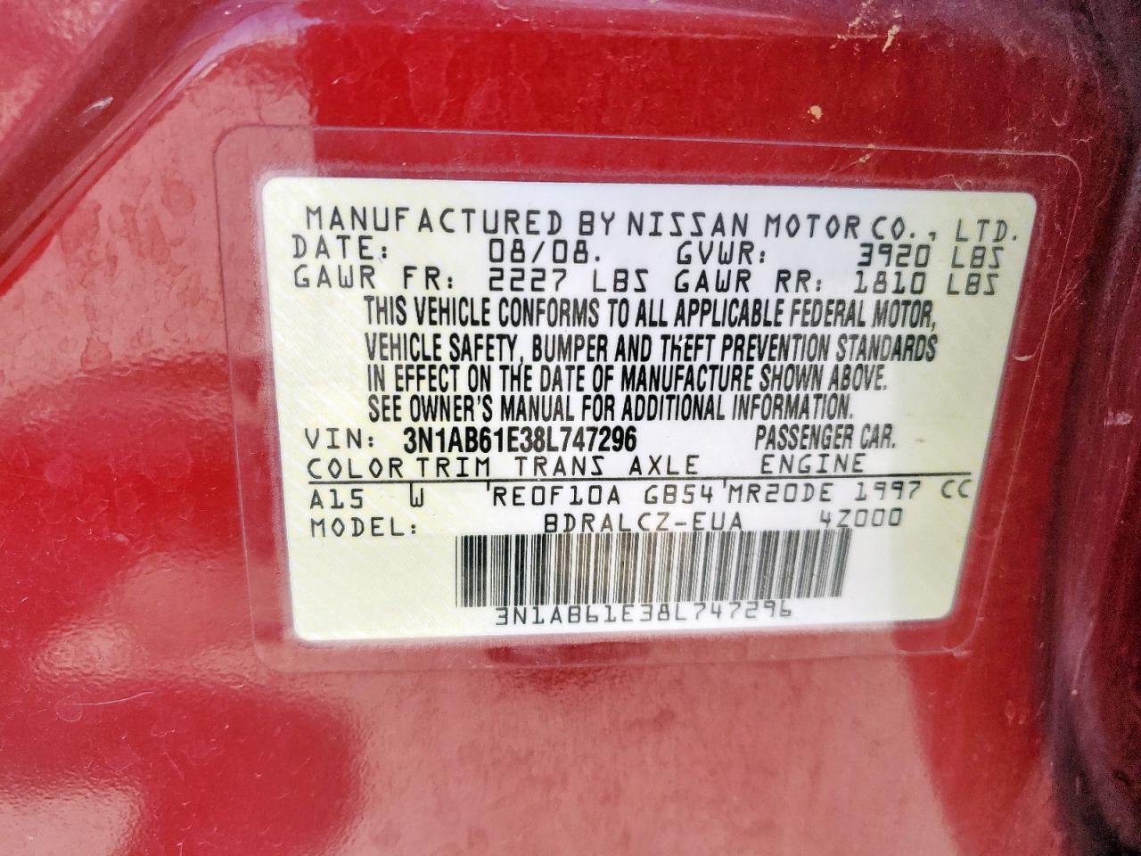 2008 Nissan Sentra 2.0 VIN: 3N1AB61E38L747296 Lot: 59100325