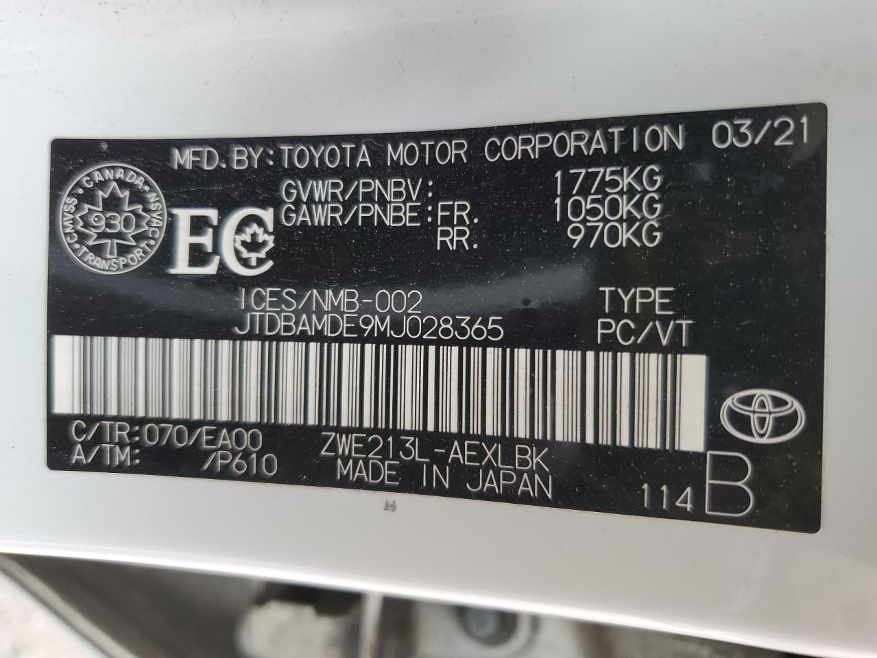 2021 Toyota Corolla VIN: JTDBAMDE9MJ028365 Lot: 62524595
