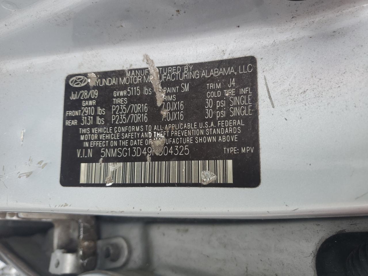 2009 Hyundai Santa Fe Gls VIN: 5NMSG13D49H304325 Lot: 63086975