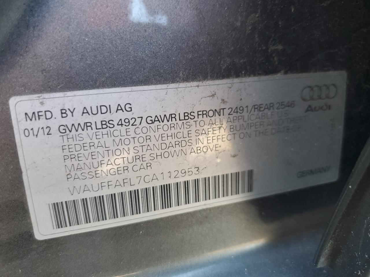 2012 Audi A4 Premium Plus VIN: WAUFFAFL7CA112953 Lot: 62312725
