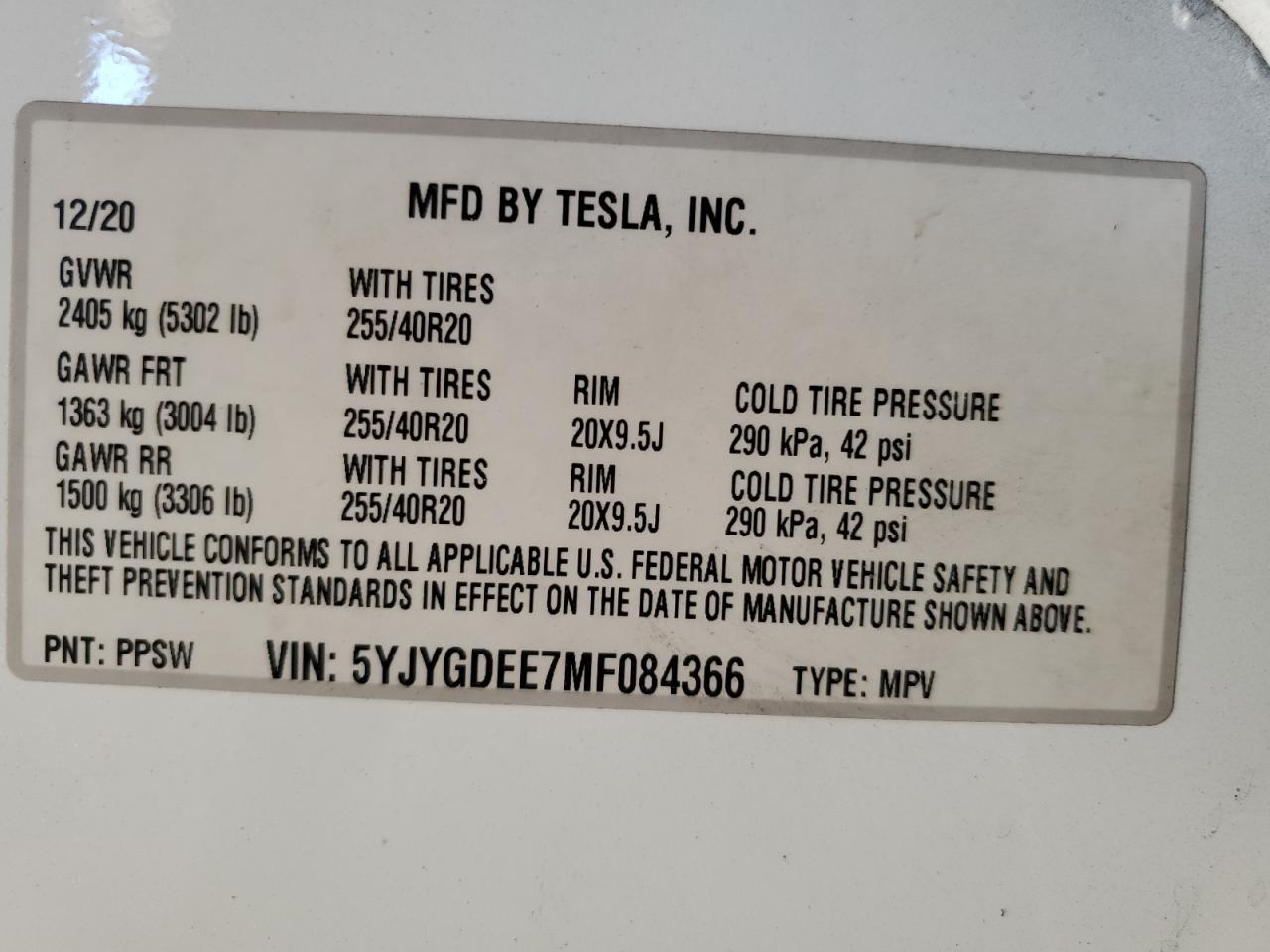 2021 Tesla Model Y VIN: 5YJYGDEE7MF084366 Lot: 61968475