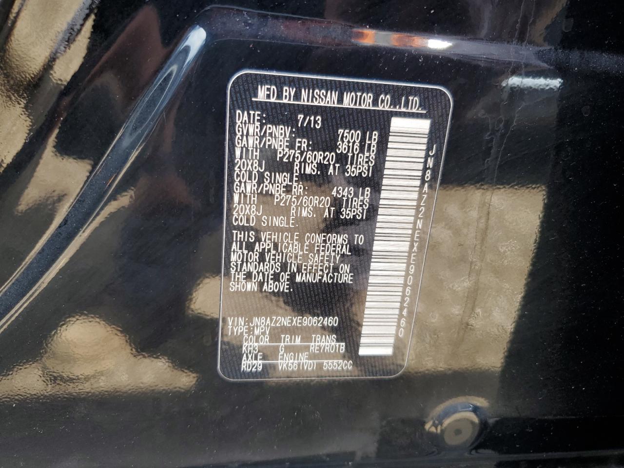 2014 Infiniti Qx80 VIN: JN8AZ2NEXE9062460 Lot: 62013995
