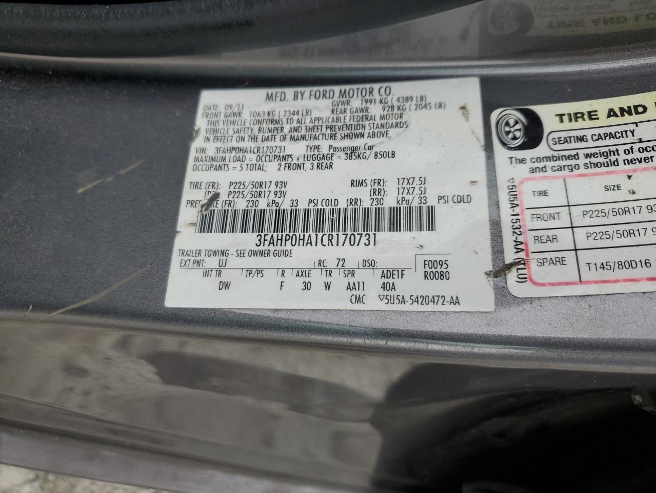2012 Ford Fusion Se VIN: 3FAHP0HA1CR170731 Lot: 62660365
