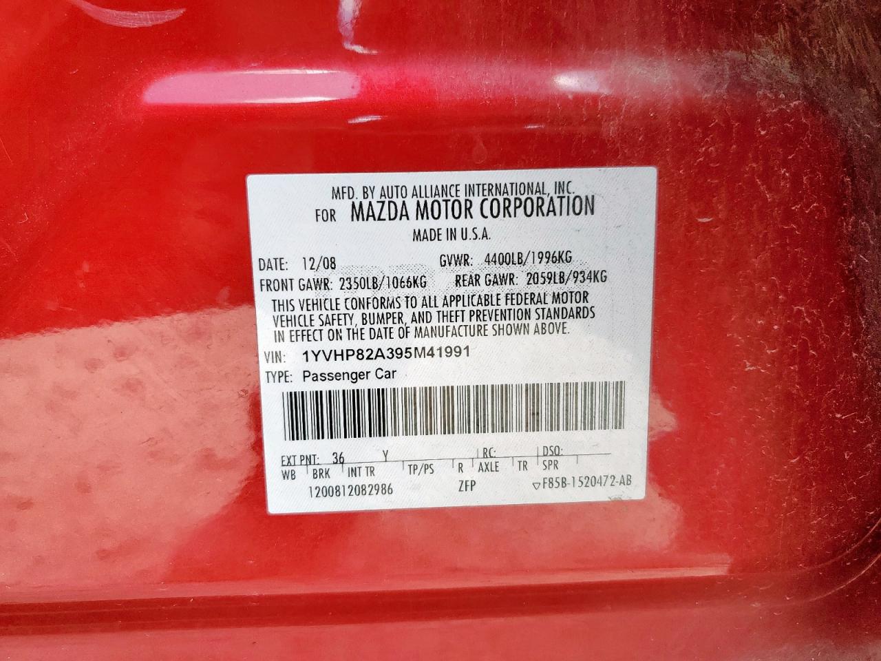 2009 Mazda 6 I VIN: 1YVHP82A395M41991 Lot: 63024235