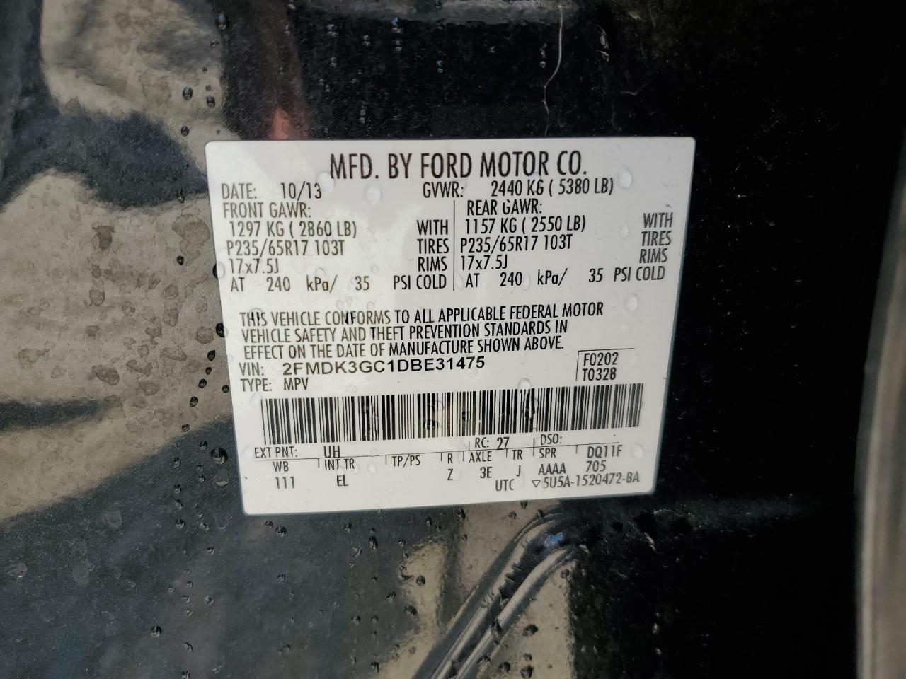 2013 Ford Edge Se VIN: 2FMDK3GC1DBE31475 Lot: 60036185