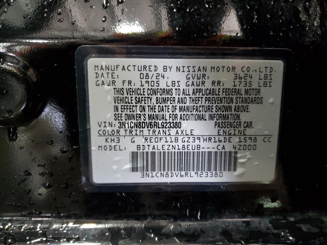2024 Nissan Versa S VIN: 3N1CN8DV6RL923380 Lot: 61632165