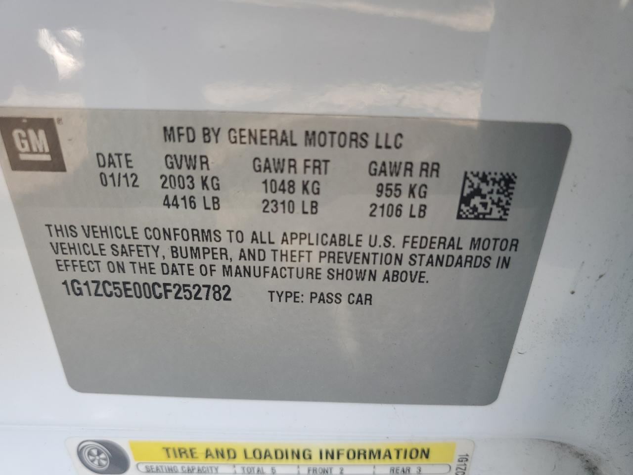 CHEVROLET MALIBU 2012 VIN 1G1ZC5E00CF252782 zdjęcie 12