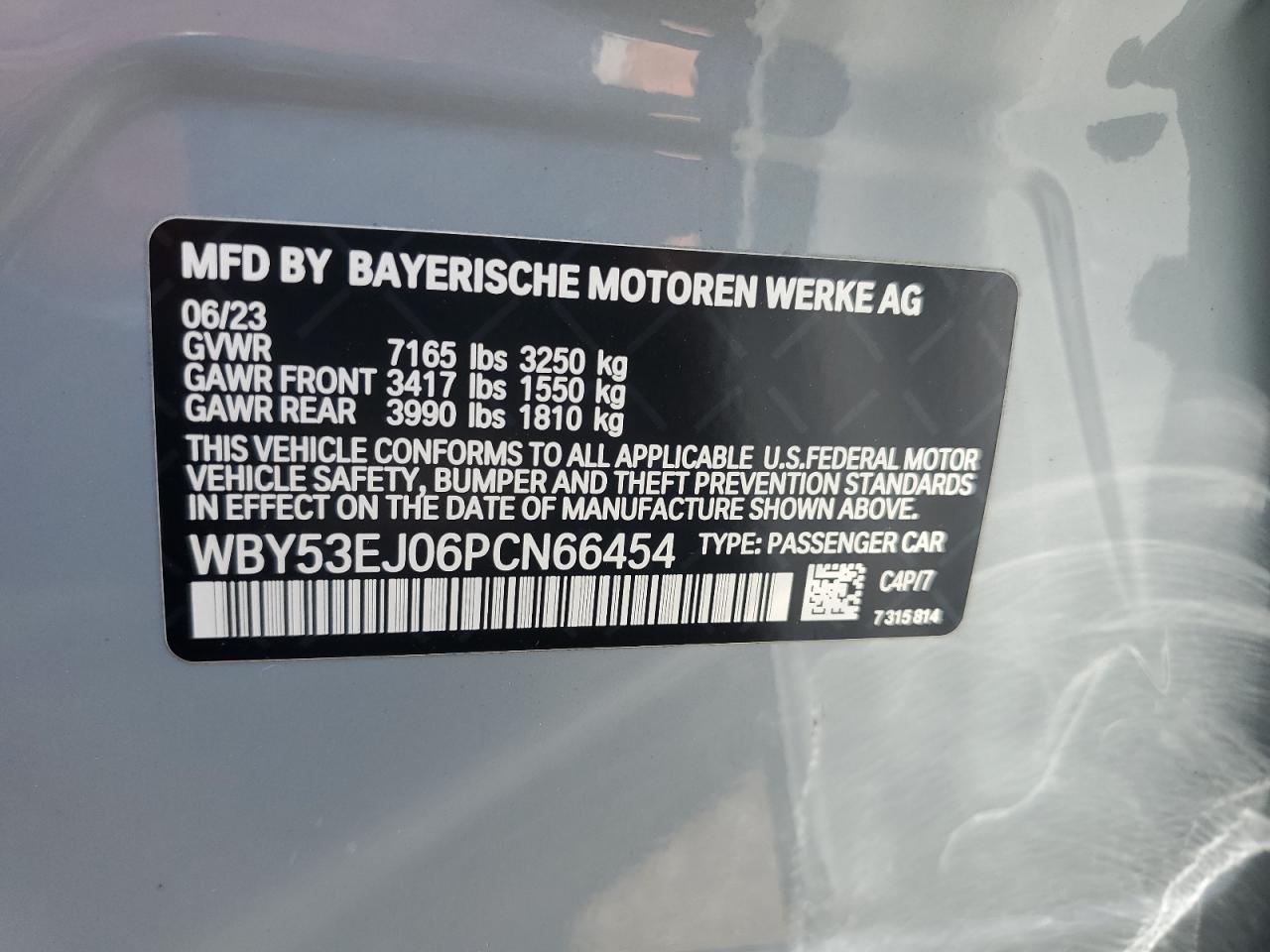 2023 BMW I7 xDrive60 VIN: WBY53EJ06PCN66454 Lot: 62715605