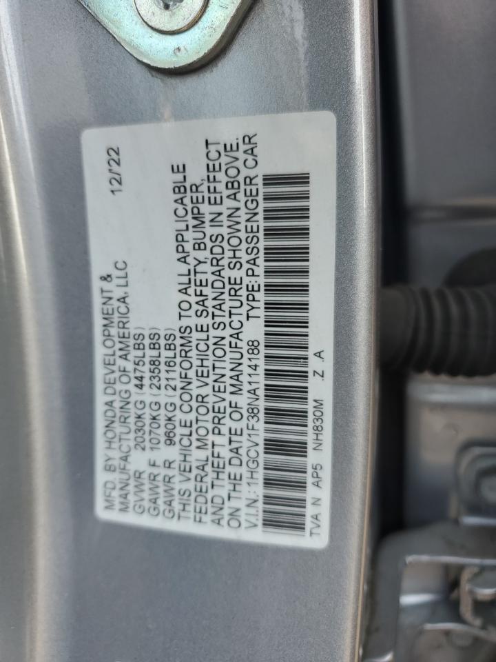 2022 Honda Accord Sport VIN: 1HGCV1F38NA114188 Lot: 59607615