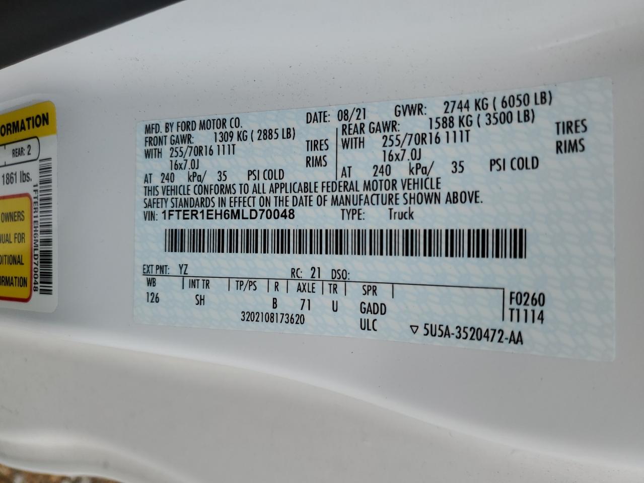2021 Ford Ranger Xl VIN: 1FTER1EH6MLD70048 Lot: 60907295