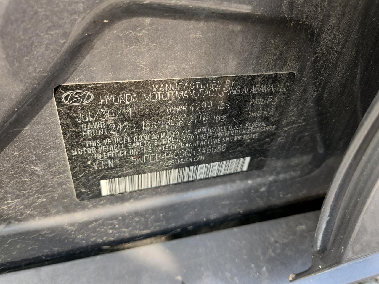 5npeb4ac0ch346086 5NPEB4AC0CH346086 2012 Hyundai Sonata Gls