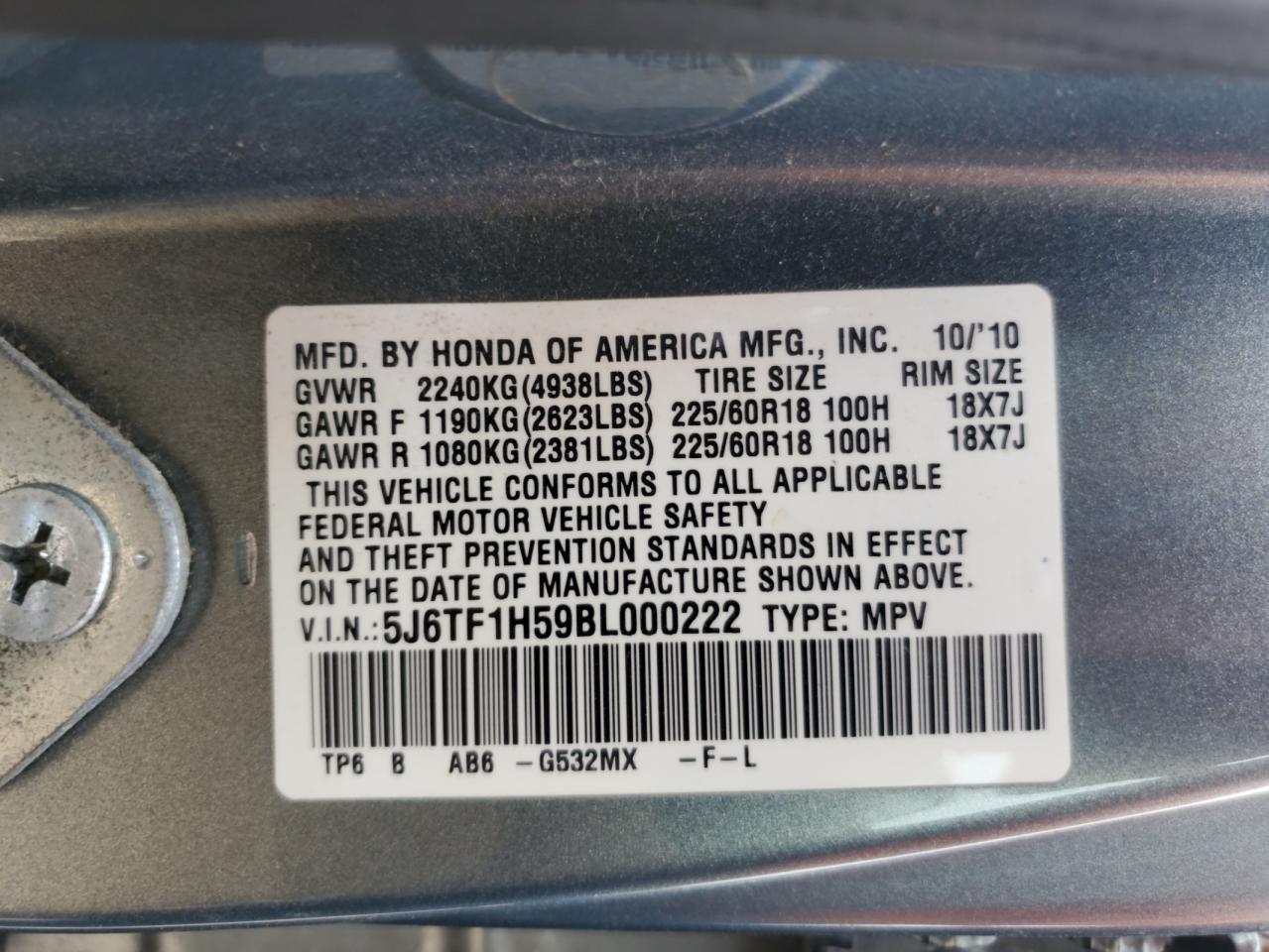 2011 Honda Accord Crosstour Exl VIN: 5J6TF1H59BL000222 Lot: 59273345