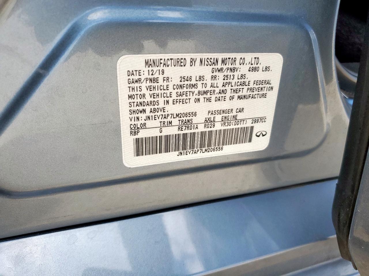 2020 Infiniti Q50 Pure VIN: JN1EV7AP7LM206556 Lot: 62652575