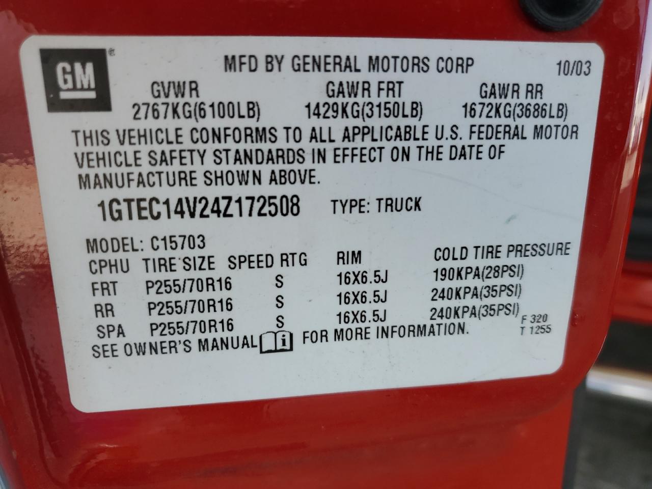 2004 GMC New Sierra C1500 VIN: 1GTEC14V24Z172508 Lot: 58839405