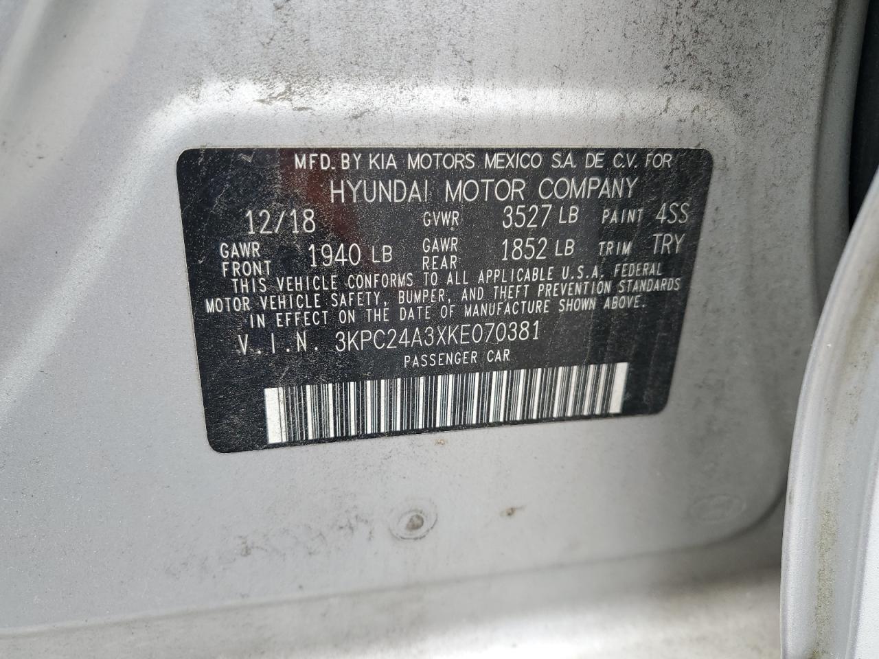2019 Hyundai Accent Se VIN: 3KPC24A3XKE070381 Lot: 62396215