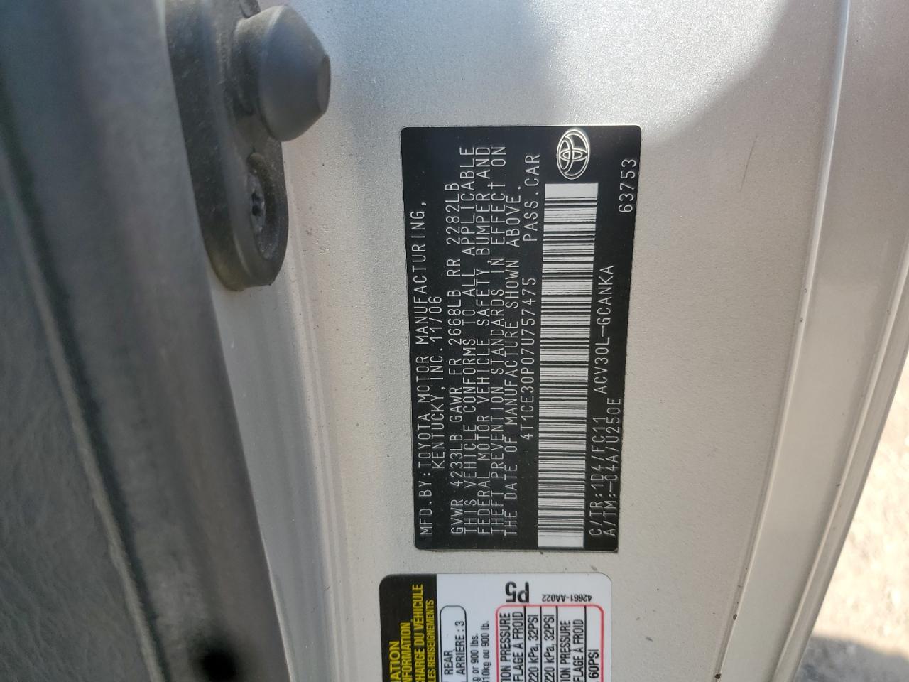 2007 Toyota Camry Solara Se VIN: 4T1CE30P07U757475 Lot: 62348565