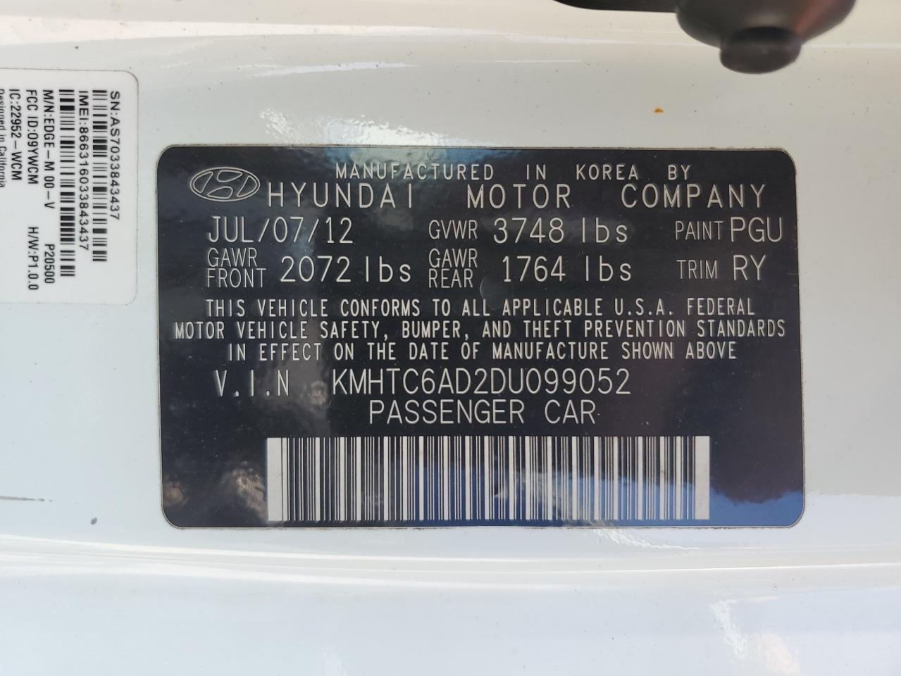 2013 Hyundai Veloster VIN: KMHTC6AD2DU099052 Lot: 60487975